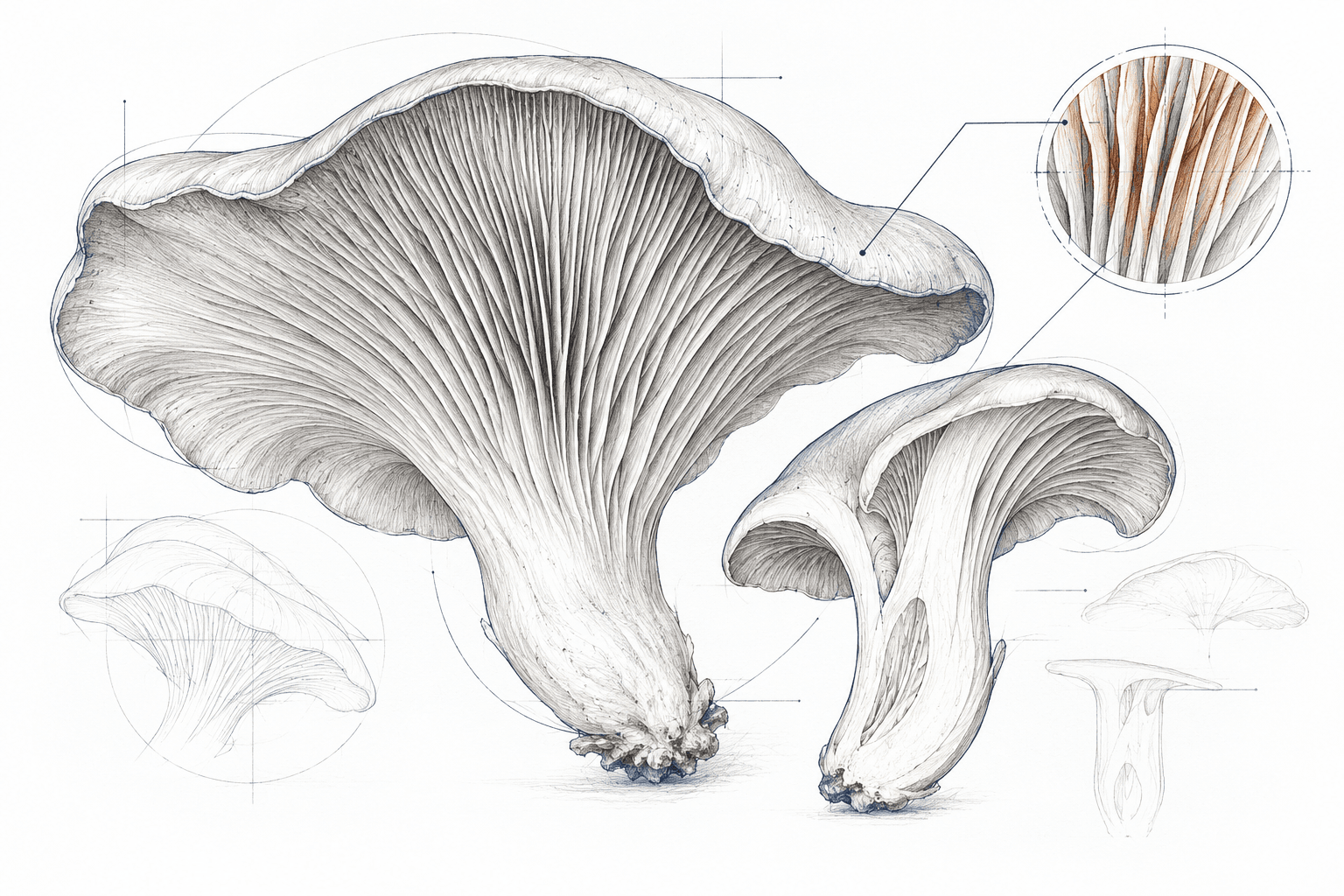 Graphite and navy mycological study of oyster mushrooms and their gill architecture