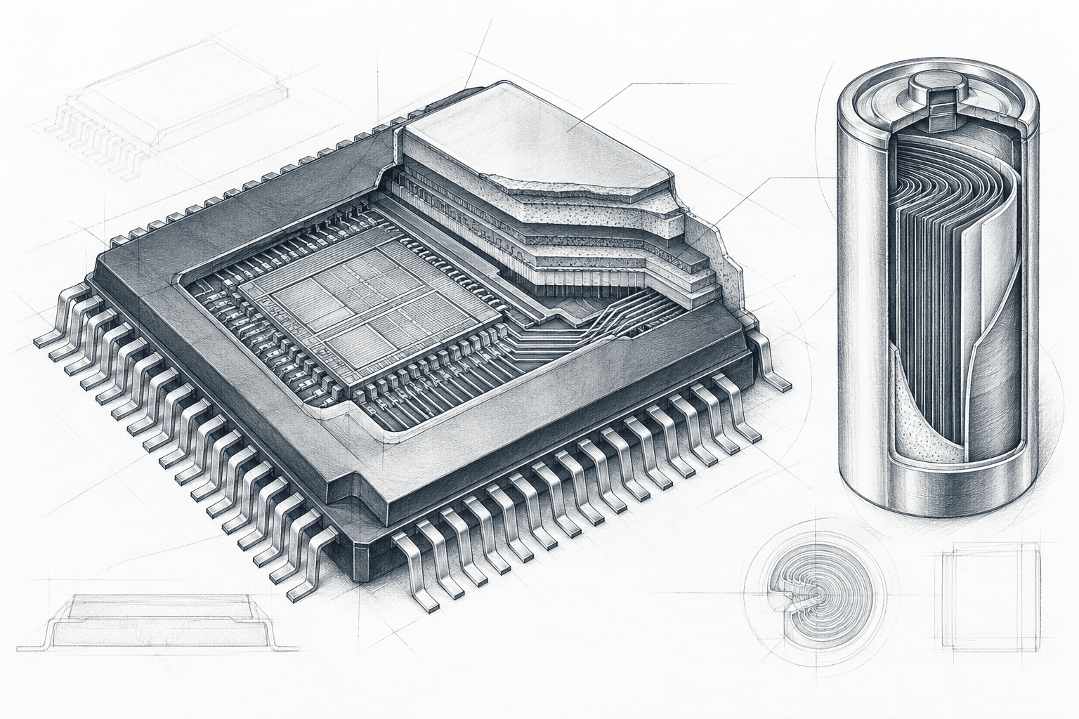 Graphite technical study of a layered microchip and battery electrode cross-section, with green film accents